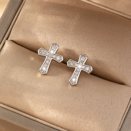 1 Pair Korean Trendy Zircon Cross Stud Earrings,Sparkling, Unisex.Hip Hop Piercing Jewelry - 5 - CJ