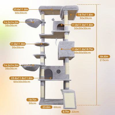84.6 In Light Gray Cat Tree Tower With Wide Base, 3 Large Hinding Condo, 11 Sisal Scratching Post, Sisal Scratching Ladder, 2 Hammocks, Large Top Platform, Many Landing Perch And Interactive Toy - 5 - CJ