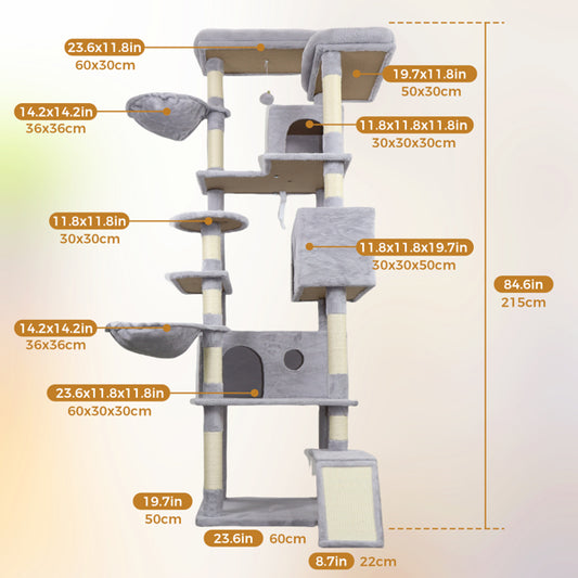 84.6 In Light Gray Cat Tree Tower With Wide Base, 3 Large Hinding Condo, 11 Sisal Scratching Post, Sisal Scratching Ladder, 2 Hammocks, Large Top Platform, Many Landing Perch And Interactive Toy - 5 - CJ