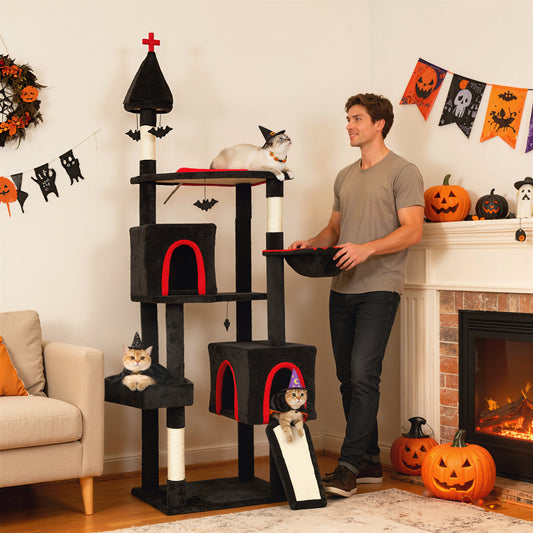 78" Gothic Cat Tree, Cat Tower with Coffin Bed, 2 Spacious Condos, Sisal Scratching Posts, Bat Hanging Balls, Halloween - 5 - CJ