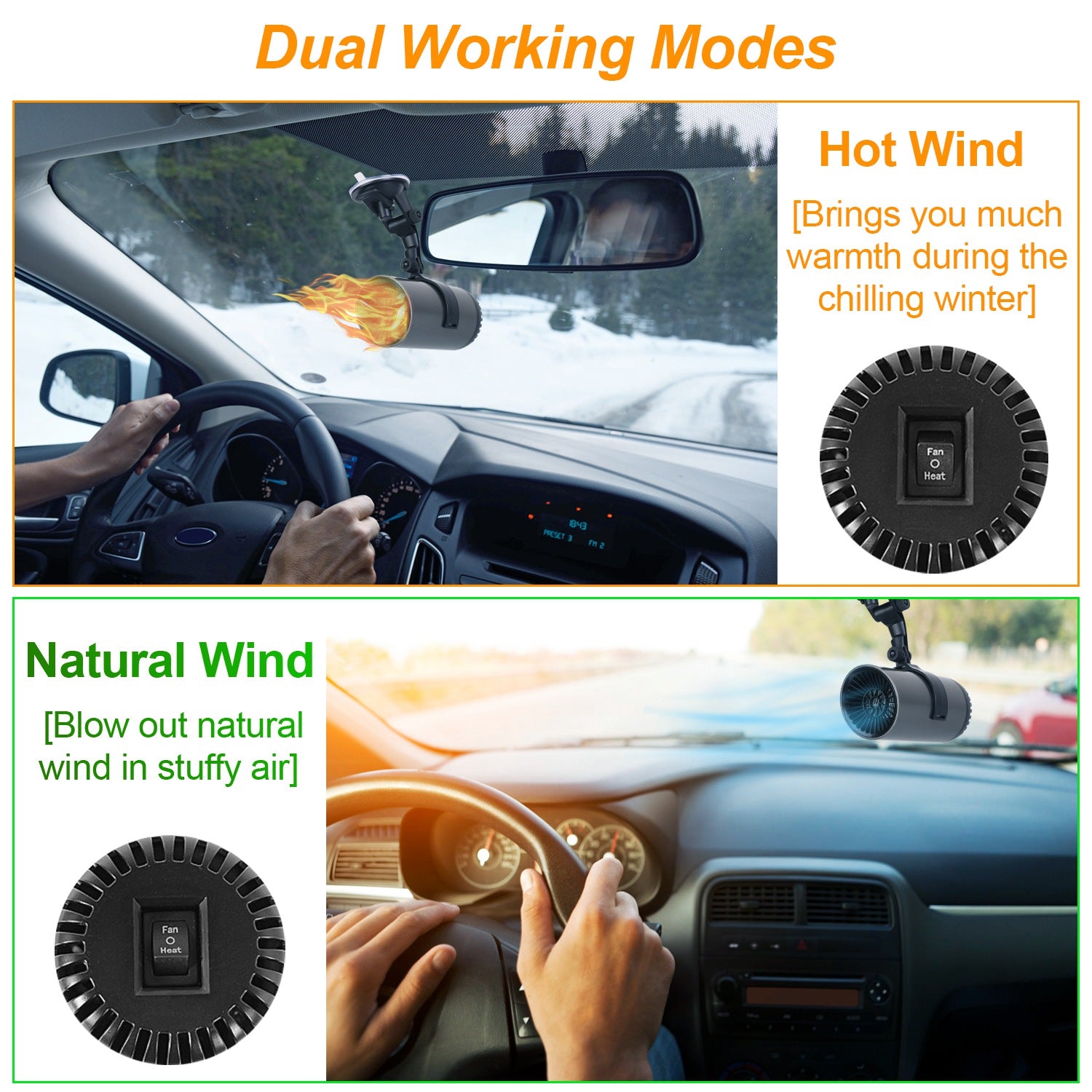 1Pc 12V 150W Or 24V 216W Portable Car Heater 2 In 1 Heating Cooling Fan Rotatable Demister Defroster With 4.92ft Cord - 5.0 - CJ