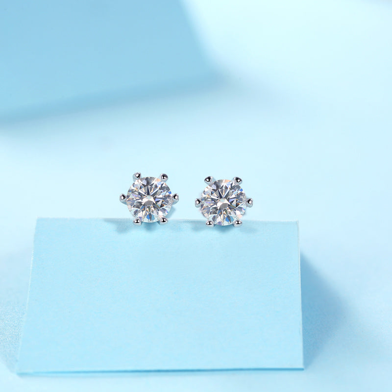 Classic Six-prong Moissanite Silver Earrings Luxury Fashion Diamond Stud Earrings