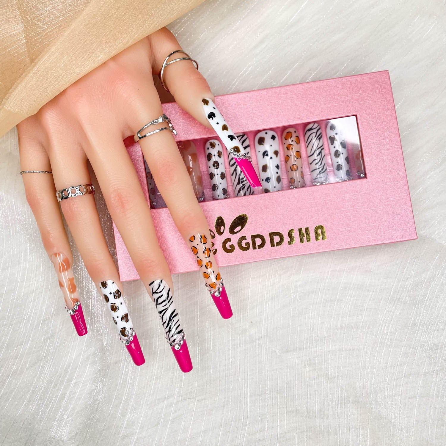 GGDDSHA Nails 10pcs Handmade Press On Nails - GlitterGold Diamond Extra Long Stiletto Reusable Gel UV FinishedFalse Nails, Designer Fashion 3D Hand - painted Nails ,Diamond Zebra - 5 - cjdropshipping