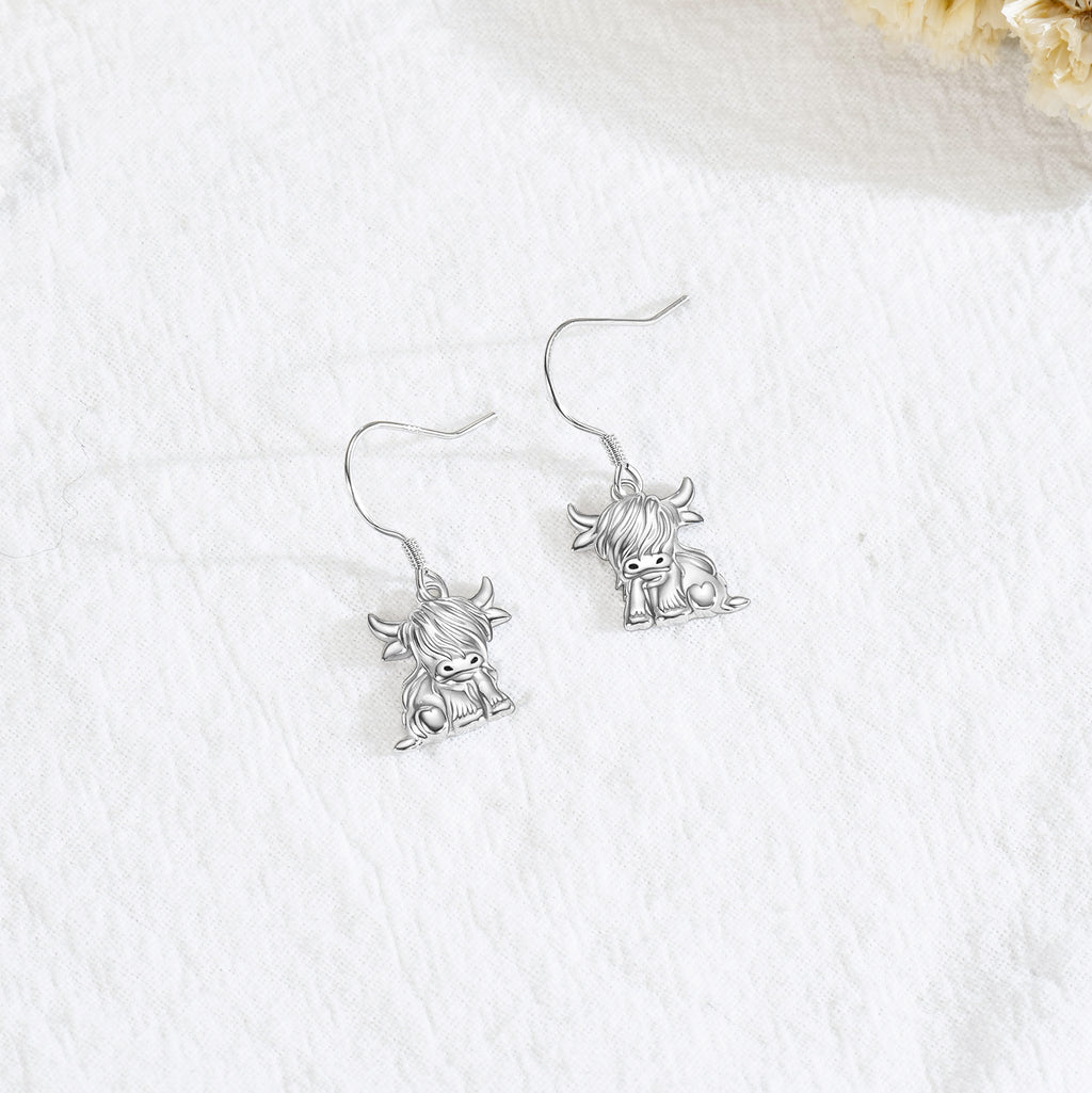 Highland Cow Earrings for Women 925 Sterling Silver Cow Dangle Drop Earrings