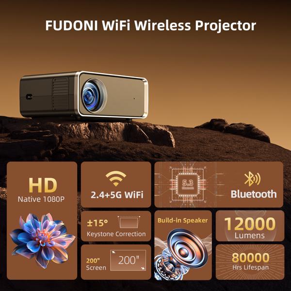 Projector With WiFi & Bluetooth, Upgraded 5G Portable Projector, Support 4K, Native 1080P, 12000 Lumens, Outdoor LED Movie Projector,Selling On The Amazon Temu Platform Is Prohibited