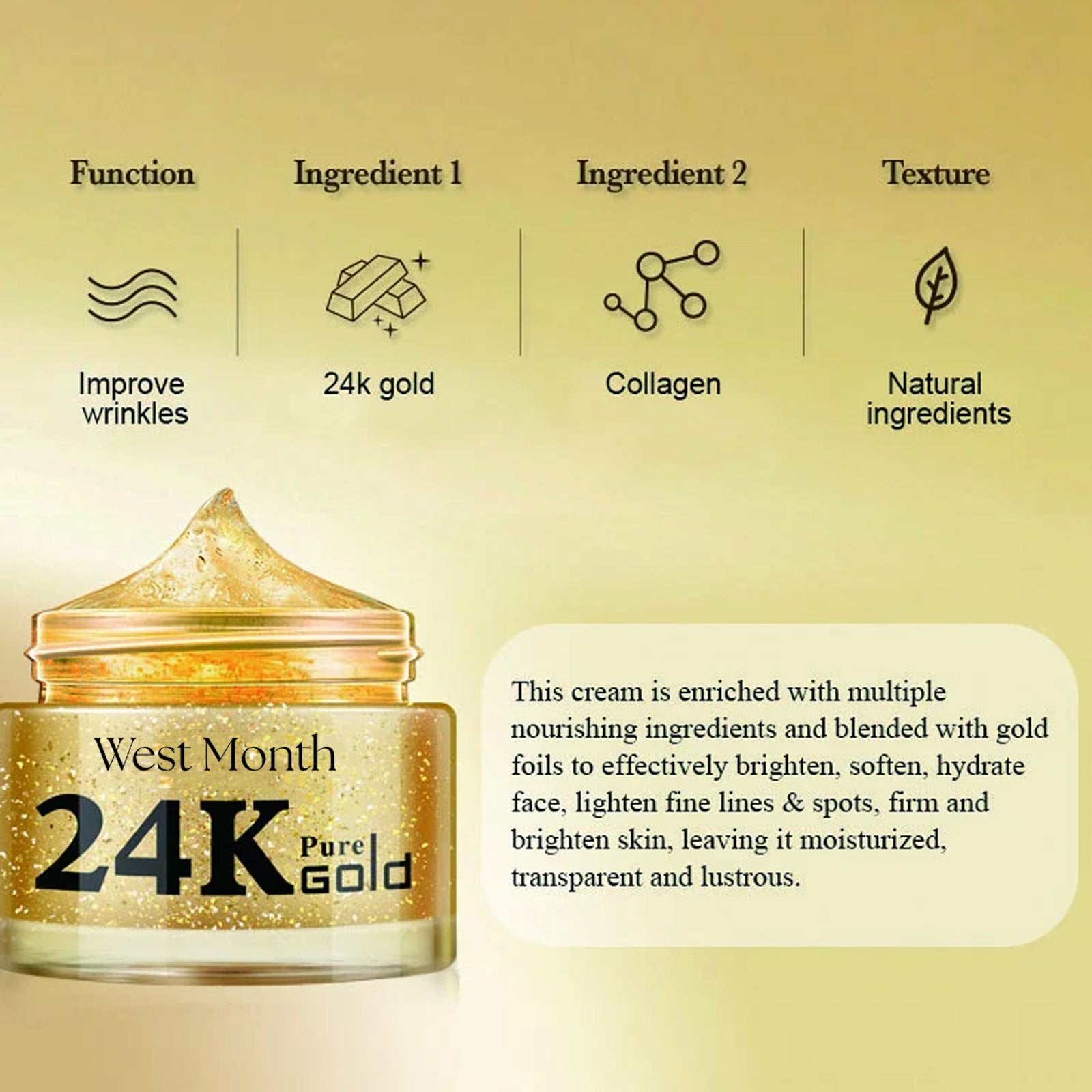 West Month 24k Pure Gold Collagen Face Cream, Lighten Lines Brighten Skin, Firm And Anti - wrinkle Cream - 5 - CJ