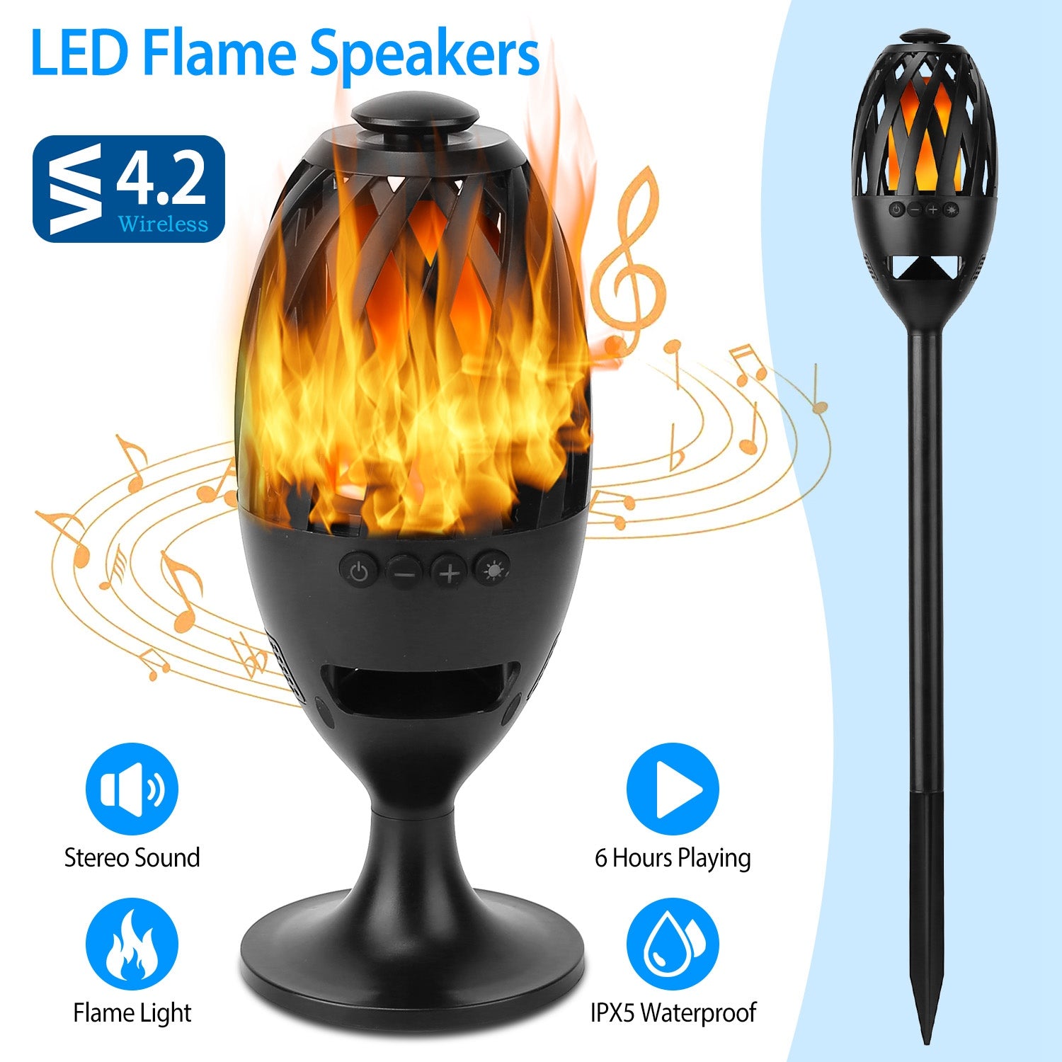 1Pc LED Flame Speakers Torch Wireless Speaker Waterproof Stereo Bass Speaker Outdoor Light - Up Speaker Atmosphere LED Flickers Night Light Patio Stake Lights Lantern For Party Camping - 5 - CJ