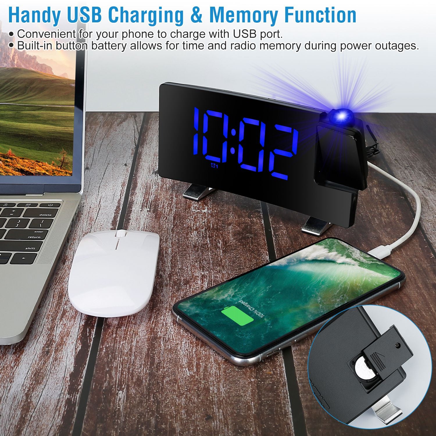 1Pc Projection Alarm Clock With Radio Function Curved Screen LED Digital Alarm Clock With Dual Alarms 4 Dimmer 12 - 24 Hour USB Charging Port 180Degree Rotatable Projection - 5 - CJ