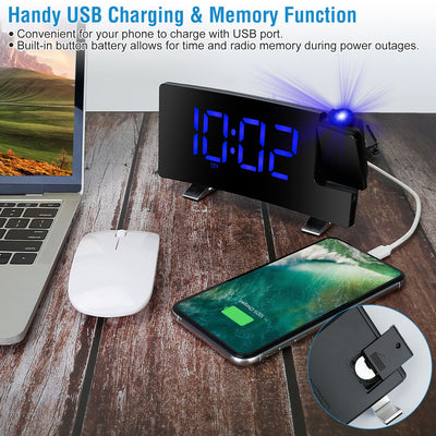 1Pc Projection Alarm Clock With Radio Function Curved Screen LED Digital Alarm Clock With Dual Alarms 4 Dimmer 12 - 24 Hour USB Charging Port 180Degree Rotatable Projection - 5 - CJ