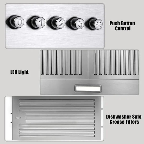 Range Hood 36 Inch;  Wall Mount Vent Hood In Stainless Steel With Ducted/Ductless Convertible Duct;  3 Speed Exhaust Fan;  Energy Saving LED Light;  Push Button Control;  3 Pcs Baffle Filters