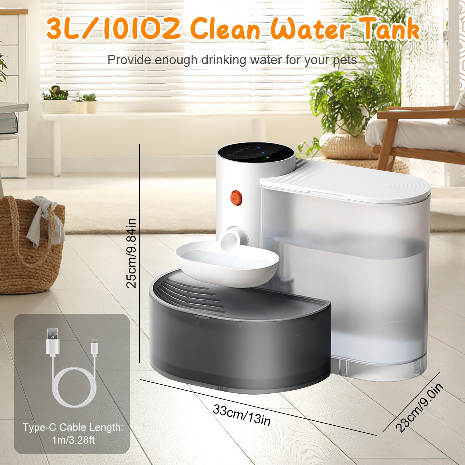 1Pc Smart Pet Water Fountain Automatic Cat Water Dispenser 3L Cordless Rechargeable Dog Water Fountain Self - Refill With 3 Adjustable Volume 3 Time Intervals Touch Control - 5 - CJ