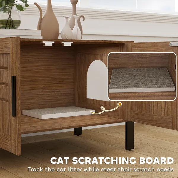 Cat Litter Box Enclosure With Tall Legs, Scratching Board, Dark Brown - 5 - CJ