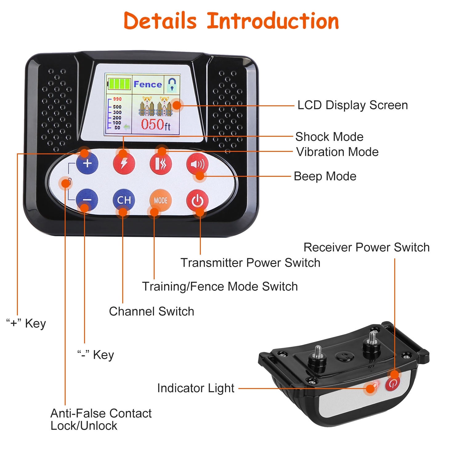 1Set 990FT Range Dog Wireless Fence Remote Training Collar IPX6 Waterproof Receiver With 0 - 9 Levels Beep Vibration Shock Mode 4 Channels Rechargeable Transmitter System - 5 - CJ