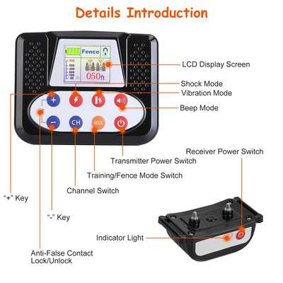 1Set 990FT Range Dog Wireless Fence Remote Training Collar IPX6 Waterproof Receiver With 0 - 9 Levels Beep Vibration Shock Mode 4 Channels Rechargeable Transmitter System - 5 - CJ