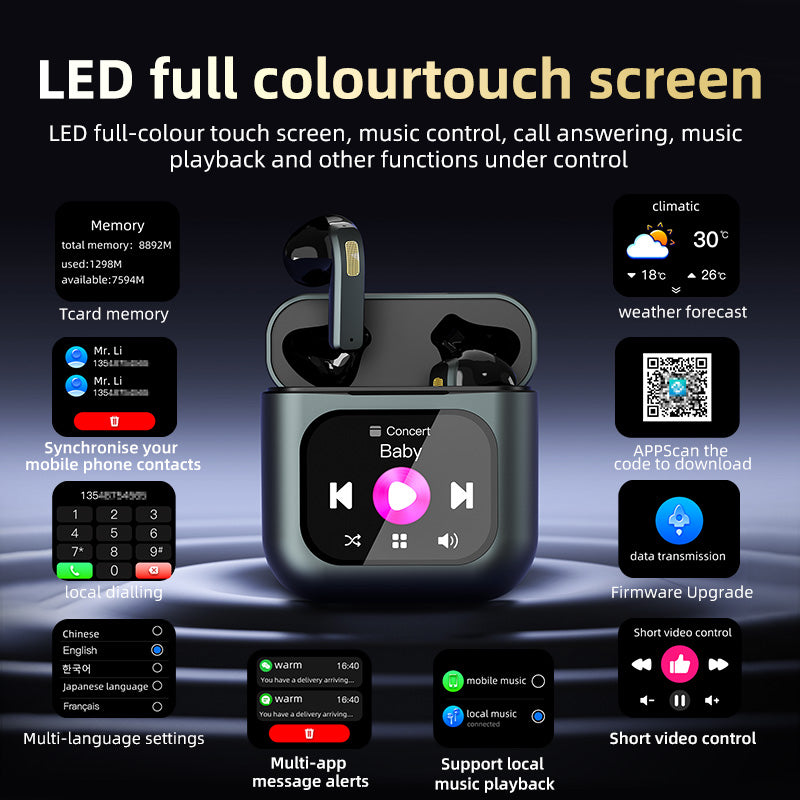 TWS Screen Display Wireless Active ANC Noise - canceling Earbuds, Smart Touch Screen Wireless Earbuds, Noise - canceling Wireless Earphones, Long Battery Life, Built - in SD Card With MP3 Playback - 5 - CJ
