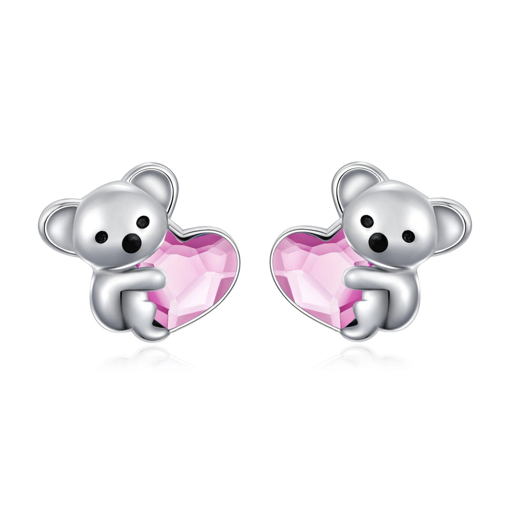 925 Sterling Silver Koala Bear Cute Animal Hypoallergenic Heart Crystal Earrings Jewellery