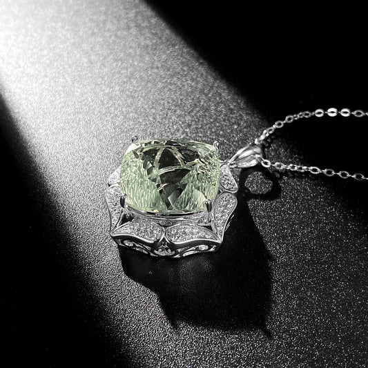 Luxury Sweater Chain Femininity S925 Silver Set Large Natural Green Crystal Pendant High - grade Jewelry - 4 - CJ