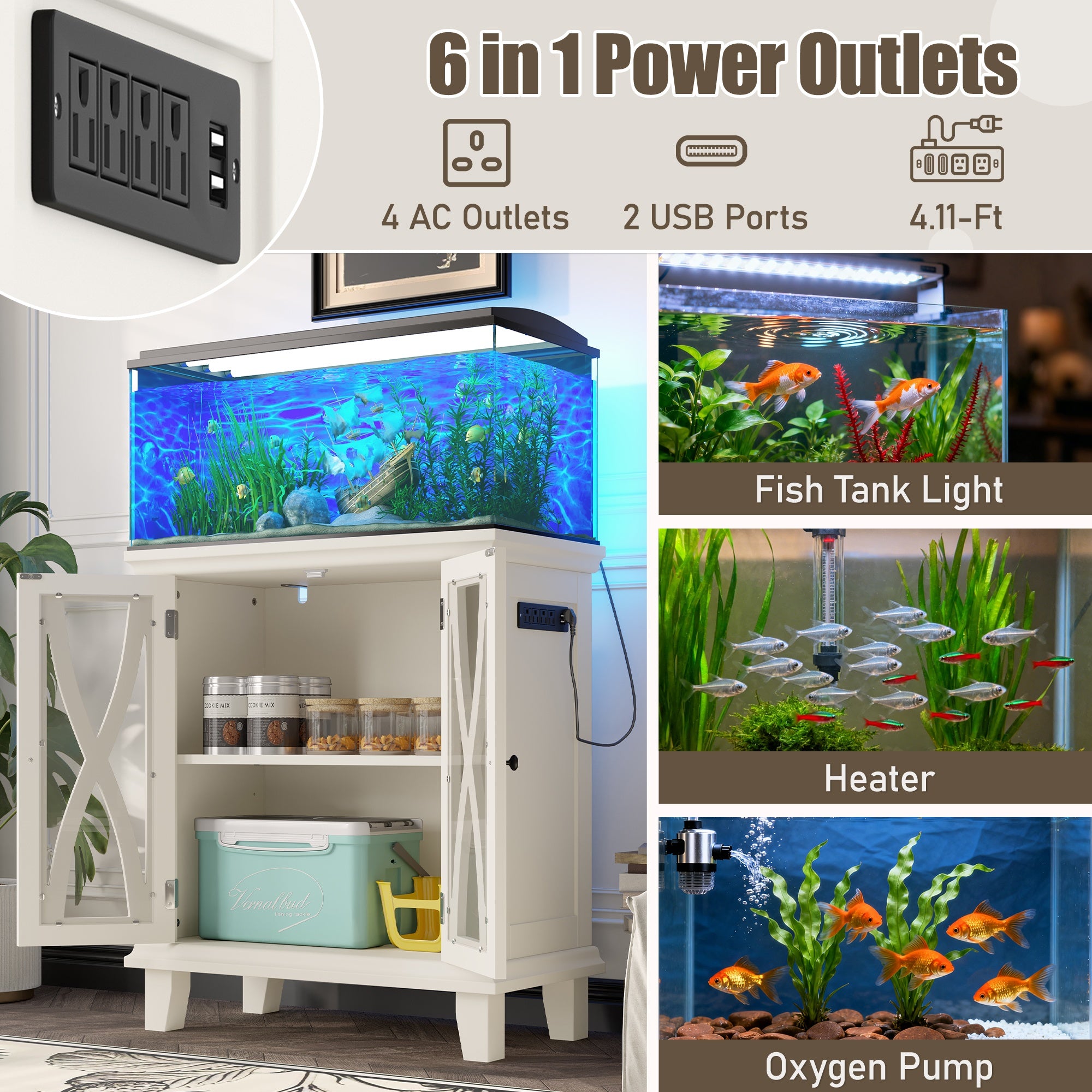 20 - gallon Aquarium Rack With 4 AC Outlets And 2 USB Ports, Farmhouse - style Decorative Aquarium Rack Furniture With Adjustable Shelves 10 - 20 Gallon Reptile And Turtle Rack With Storage Cabinet, Beige. - 5 - CJ