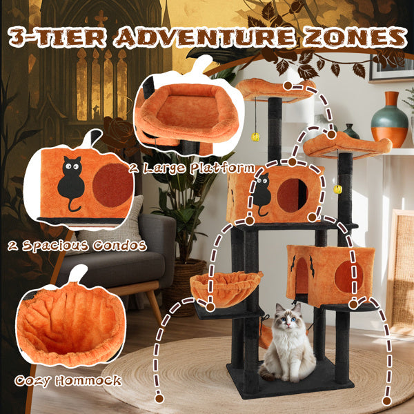 Halloween Cat Tree, Large Cat Tower With 2 Spacious Cat Condos, 2 Padded Perches, 2 Hammocks, Scratching Posts, Hanging Toy, Multi-Level Cat Activities Furniture For Large Cats, Orange & Black