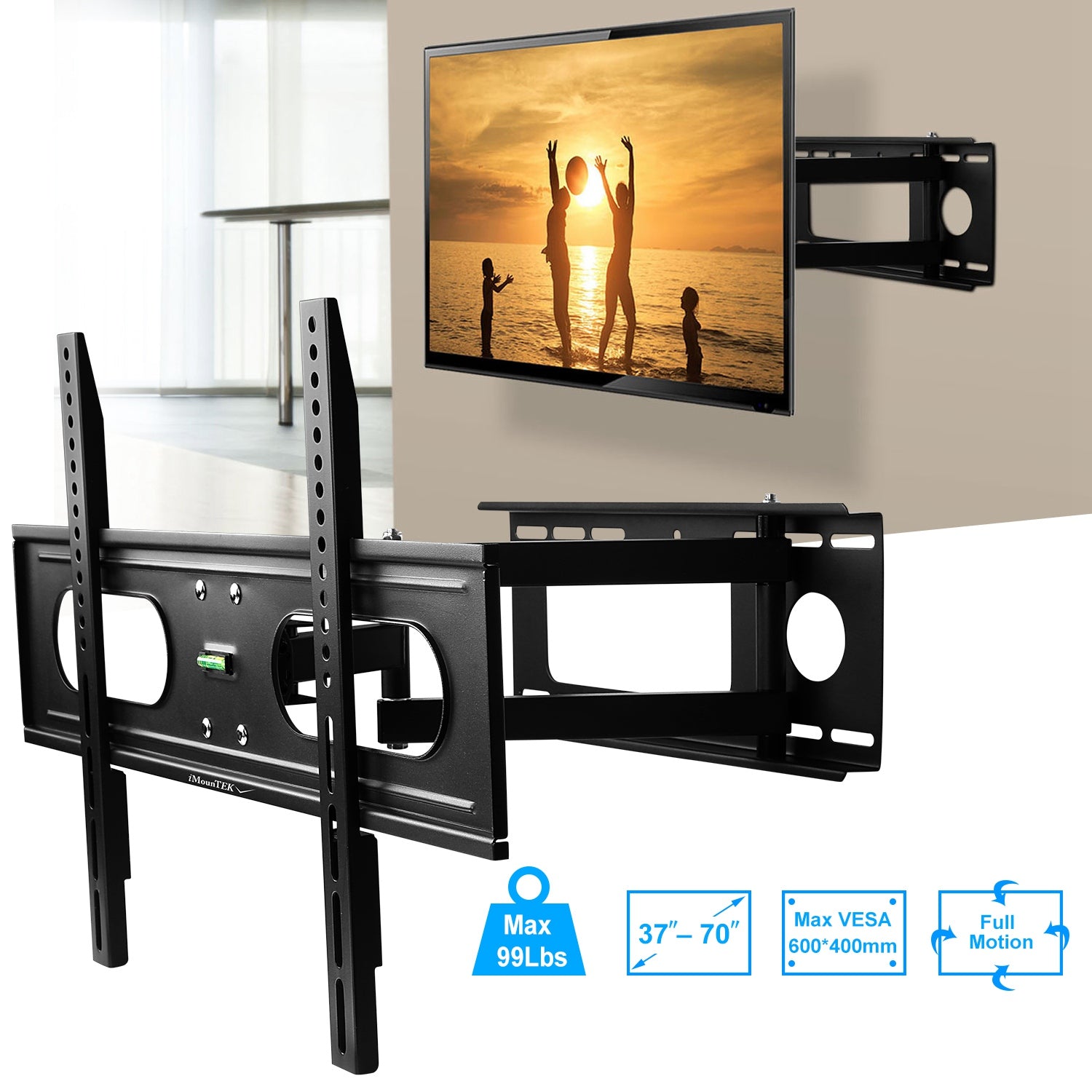 1Pc Full Motion TV Wall Mount Swivel Tilt TV Wall Rack Support 37in To 70in TV Wall Mount Max VESA Up To 600x400mm Holds Up To 99LBS - 5 - CJ