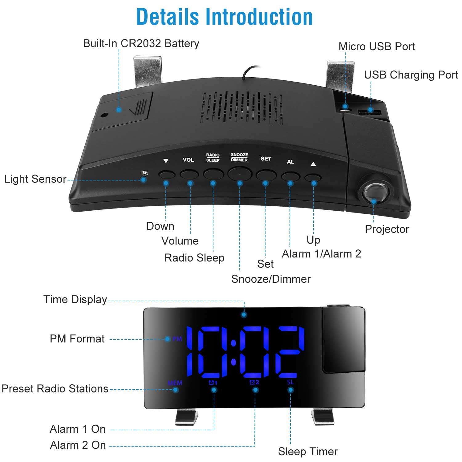 1Pc Projection Alarm Clock With Radio Function Curved Screen LED Digital Alarm Clock With Dual Alarms 4 Dimmer 12 - 24 Hour USB Charging Port 180Degree Rotatable Projection - 5 - CJ