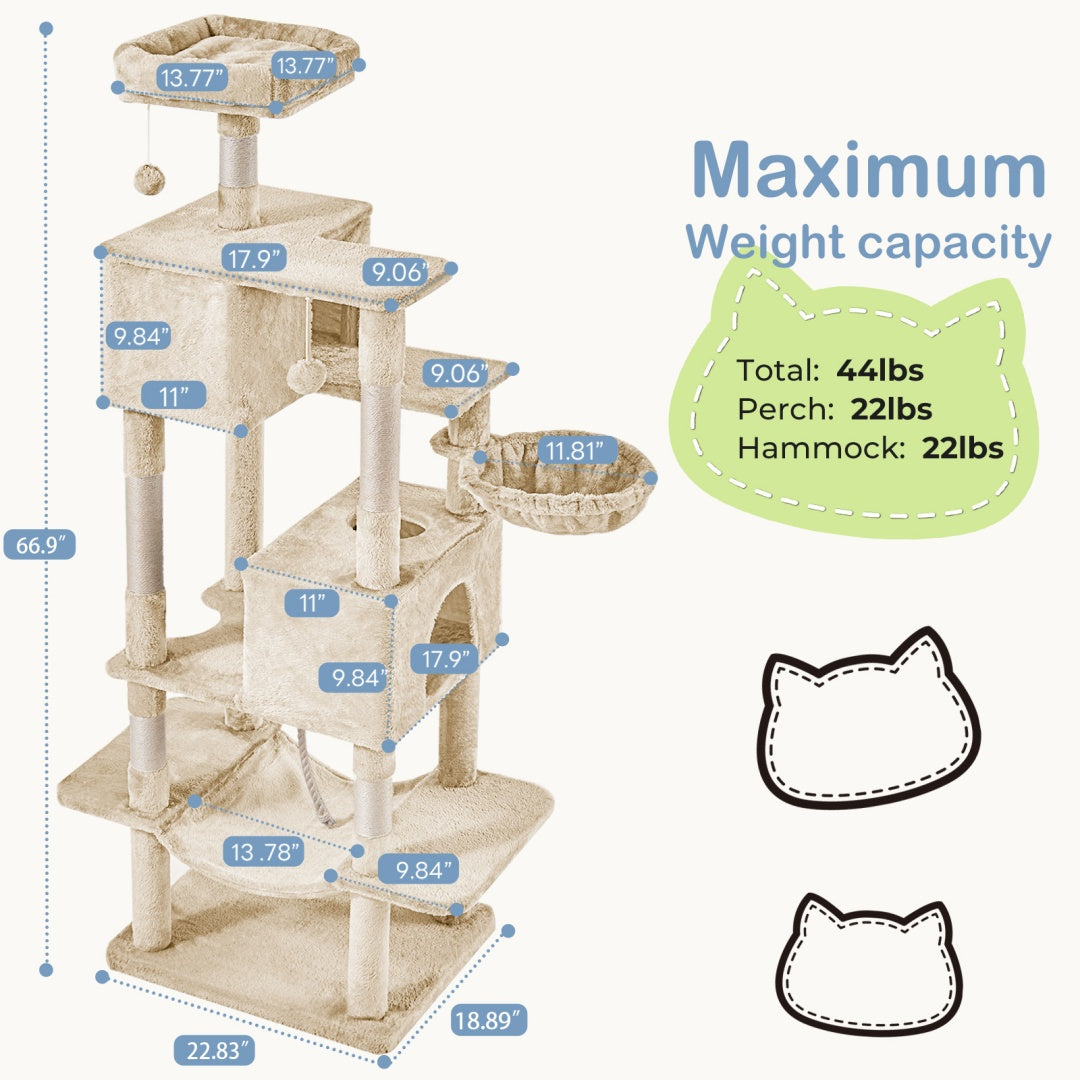 66 Inch Cat Tree Tower, Large Multi - Cat Climbing Extended Platform, Hammock, Pet House For Indoor Cats And Kittens Play - 5 - CJ