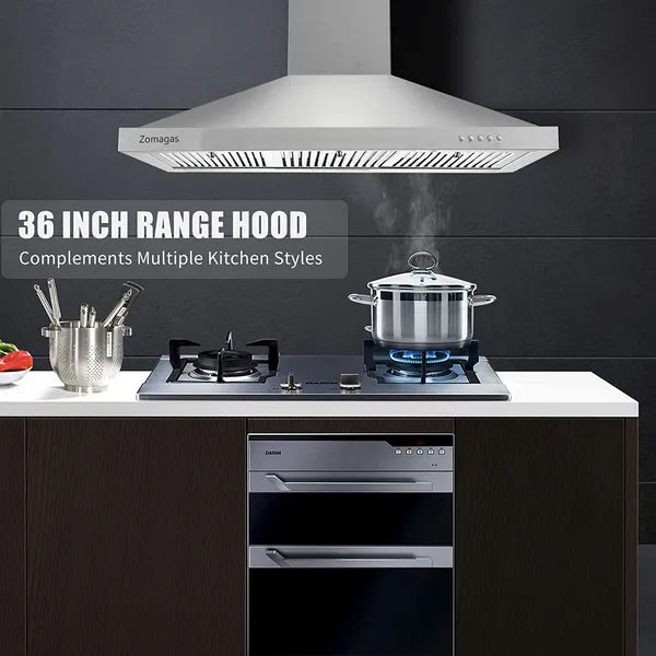 Range Hood 36 Inch;  Wall Mount Vent Hood In Stainless Steel With Ducted/Ductless Convertible Duct;  3 Speed Exhaust Fan;  Energy Saving LED Light;  Push Button Control;  3 Pcs Baffle Filters