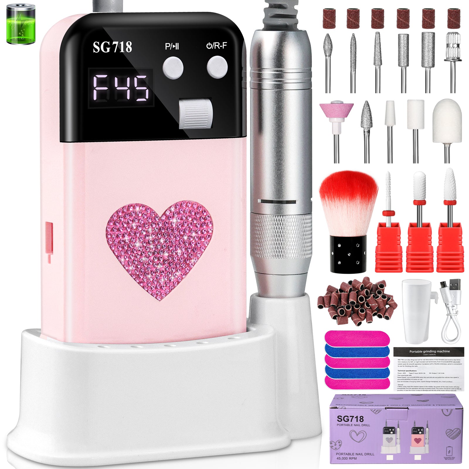 Rechargeable Nail Drill 45000 RPM - Electric Nail File For Shaping, Removing & Polishing Gel Nails - Lightweight & Easy To Use - Perfect For Home & Salon Manicure Pedicure - 5 - CJ