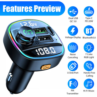 Bluetooth 5.0 Car Wireless FM Transmitter Adapter USB PD Charger AUX Hands - Free Noise Reduction Audio Receiver Car Kit Handsfree Dual - 5 - CJ