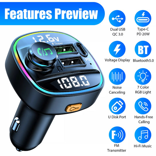 Bluetooth 5.0 Car Wireless FM Transmitter Adapter USB PD Charger AUX Hands - Free Noise Reduction Audio Receiver Car Kit Handsfree Dual - 5 - CJ