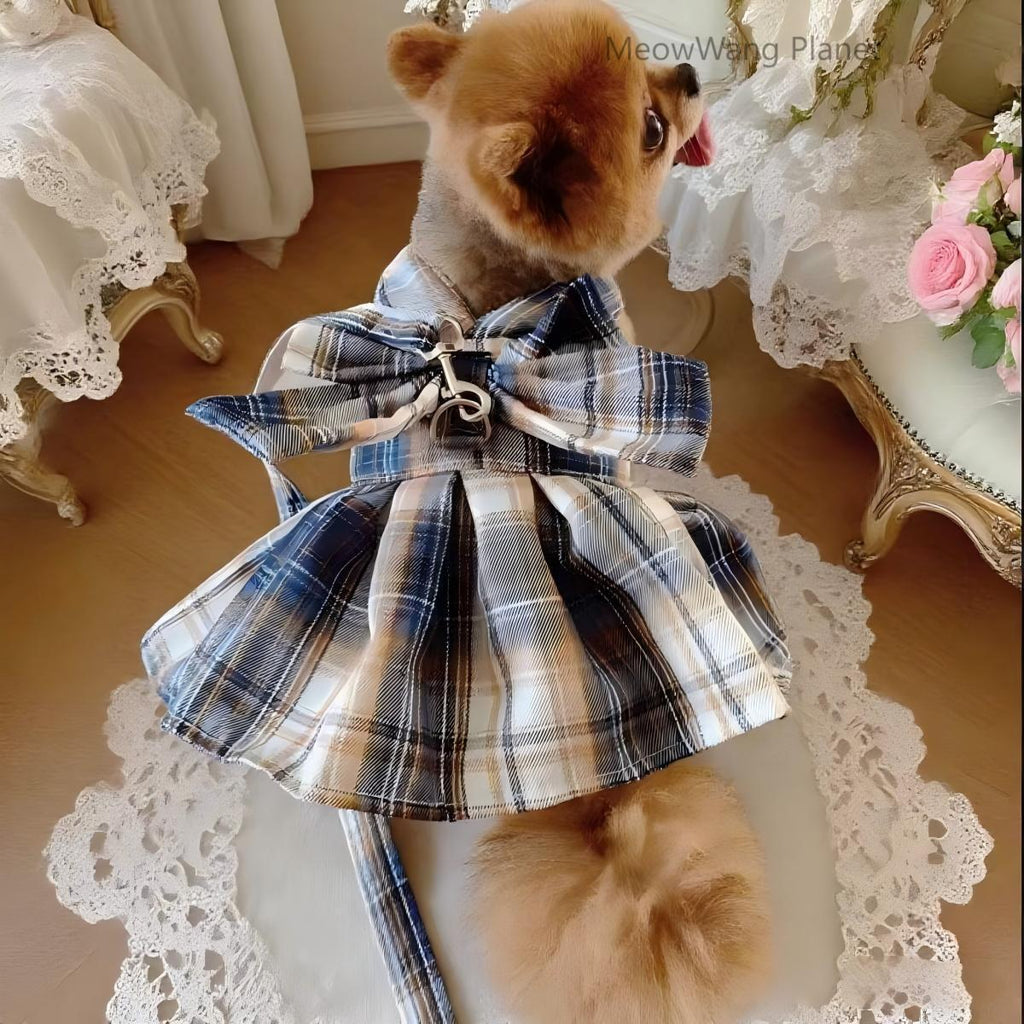 Luxury JK Plaid Pet Harness Dress And Leash Set Japanese School Uniform Vest For Cats Small Dogs Luxury Gift