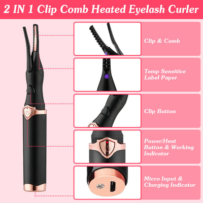 1Pc 2 In 1 Clip Comb Heated Eyelash Curler Electric Mini Lash Curler Natural Eye Lash Makeup Tool With 3 Temp Settings 15Mins Shutdown - 5 - CJ