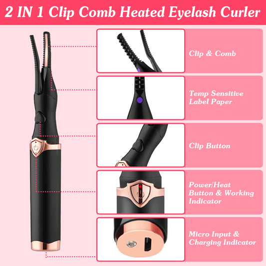 1Pc 2 In 1 Clip Comb Heated Eyelash Curler Electric Mini Lash Curler Natural Eye Lash Makeup Tool With 3 Temp Settings 15Mins Shutdown - 5 - CJ