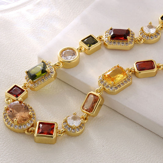 Vintage 18K Gold Plated Gemstone Hand Chain Multi Colored Gem Stone JEWELRY Cubic Zirconia Colorful CZ Bracelet For WOMEN MEN - 5 - CJ