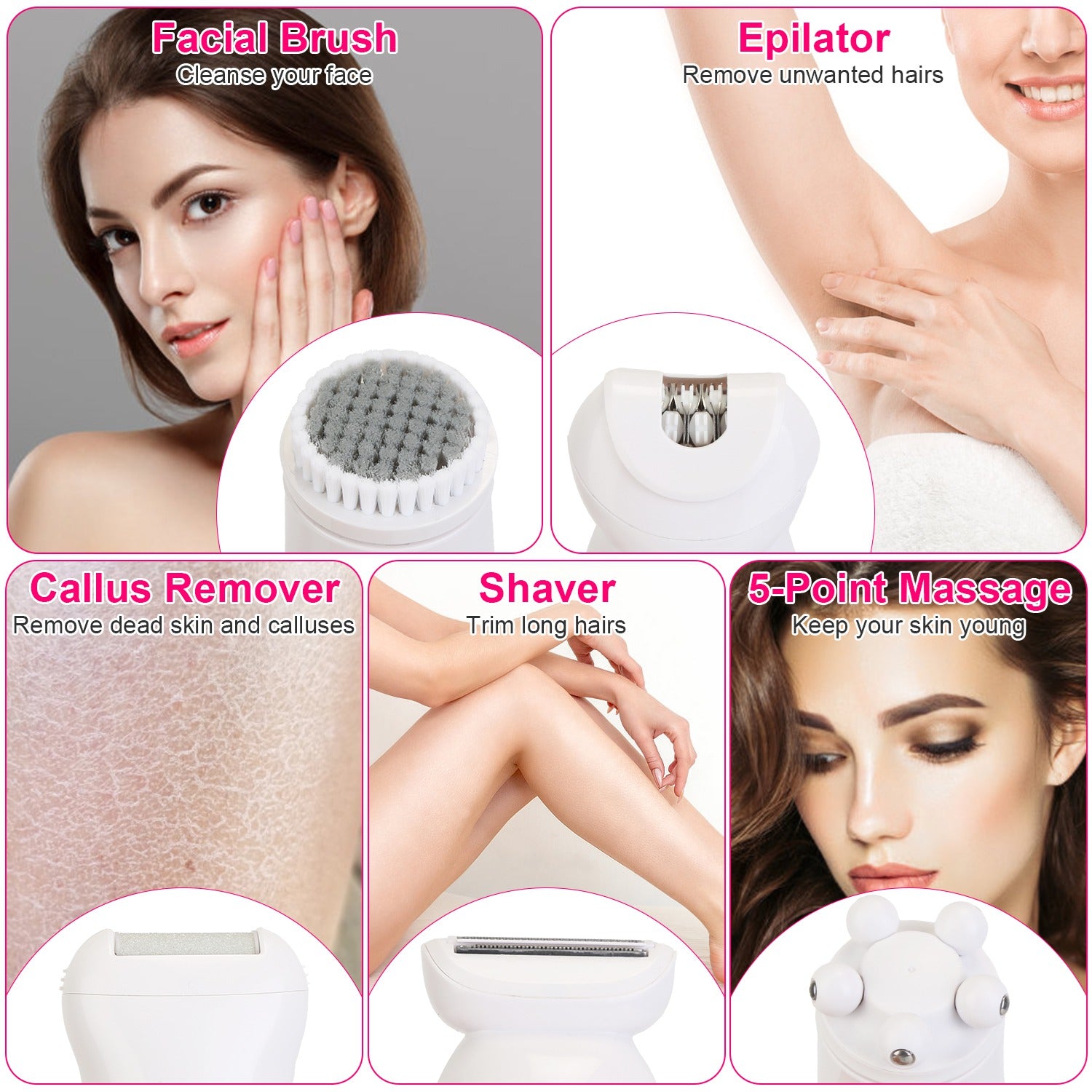 1Pc 5 In 1 Electric Body Epilator Rechargeable Women's Grooming Kit Epilator Shaver Facial Brush Callus Remover 5 Point Massager With LED Light LED Display Charging Base - 5 - CJ