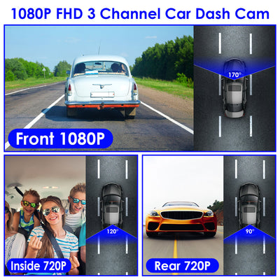 1Pc WiFi FHD 1080P Car Dash Cam 3 Channels Front Rear Inside Dash Camera With Loop Recording Reversing Visual 170 Degree Wide Angle 64G Card Included - 5.0 - cjdropshipping