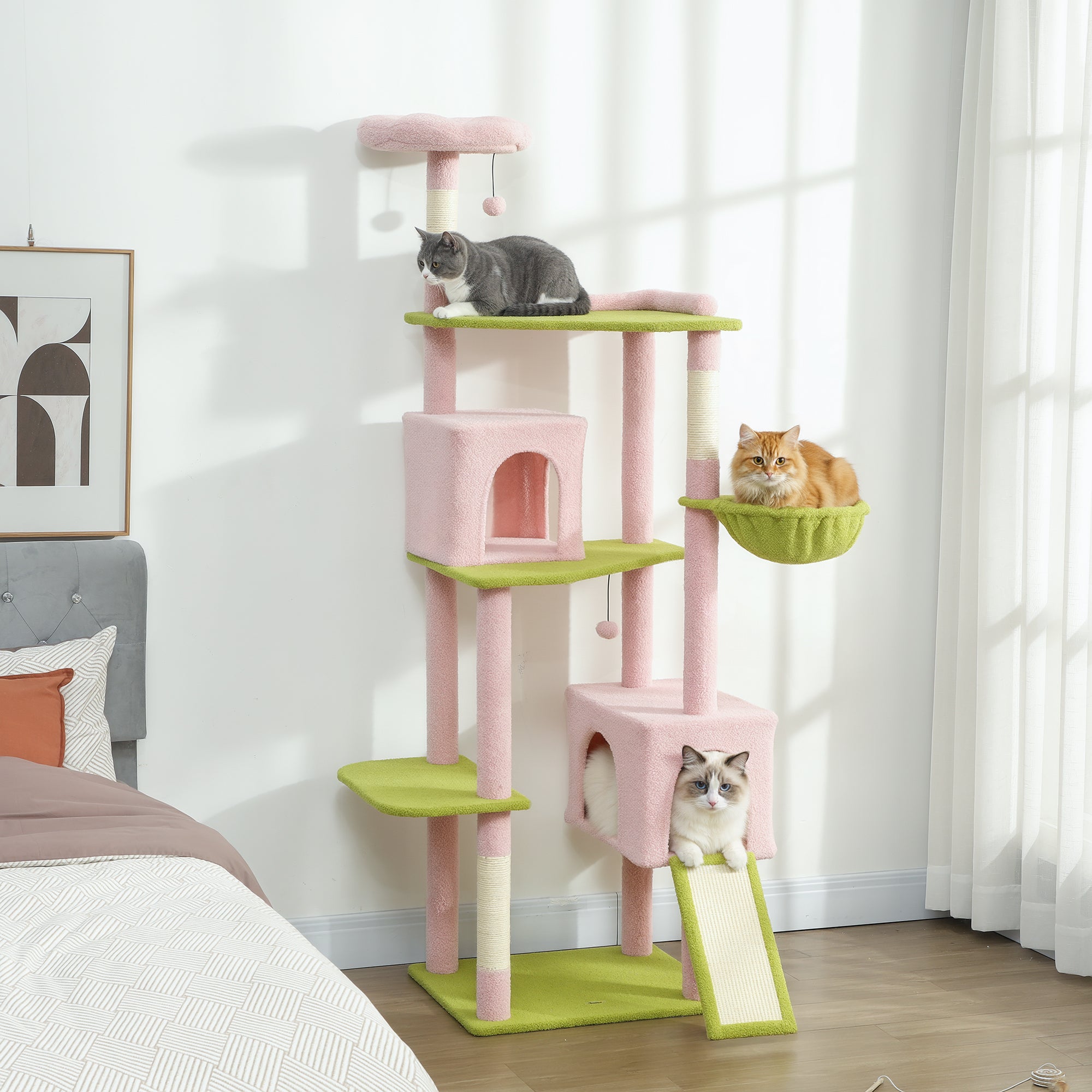 74" Flower Cat Tree, Large Cat Tower with Scratching Post & Board for Indoor Cats, Pink - 5 - CJ