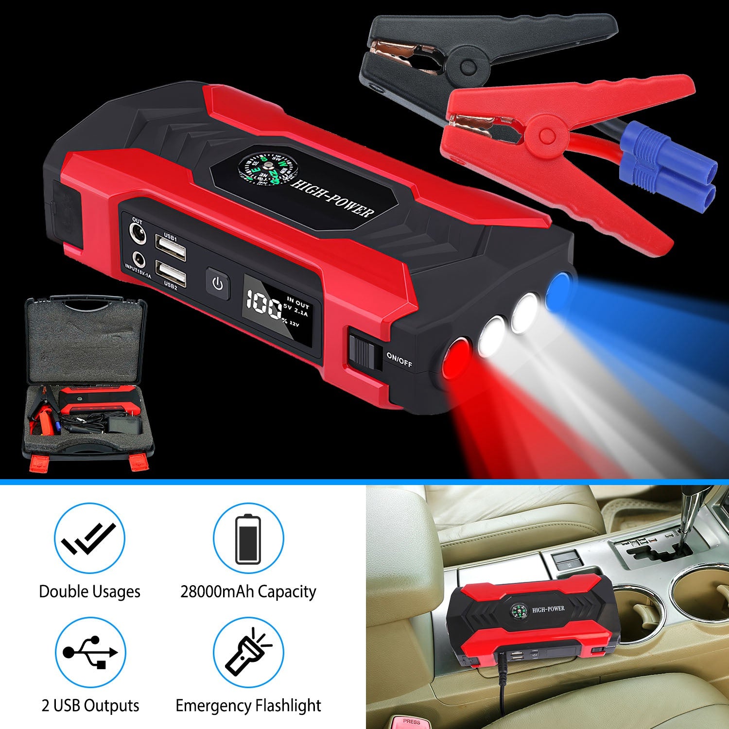 Car Jump Starter Booster 800A Peak 28000mAh 12V Battery Charger Up To 6.0L Gas Or 3.0L Diesel Engine With LCD Screen 4 Modes LED Flashlight - 5 - CJ