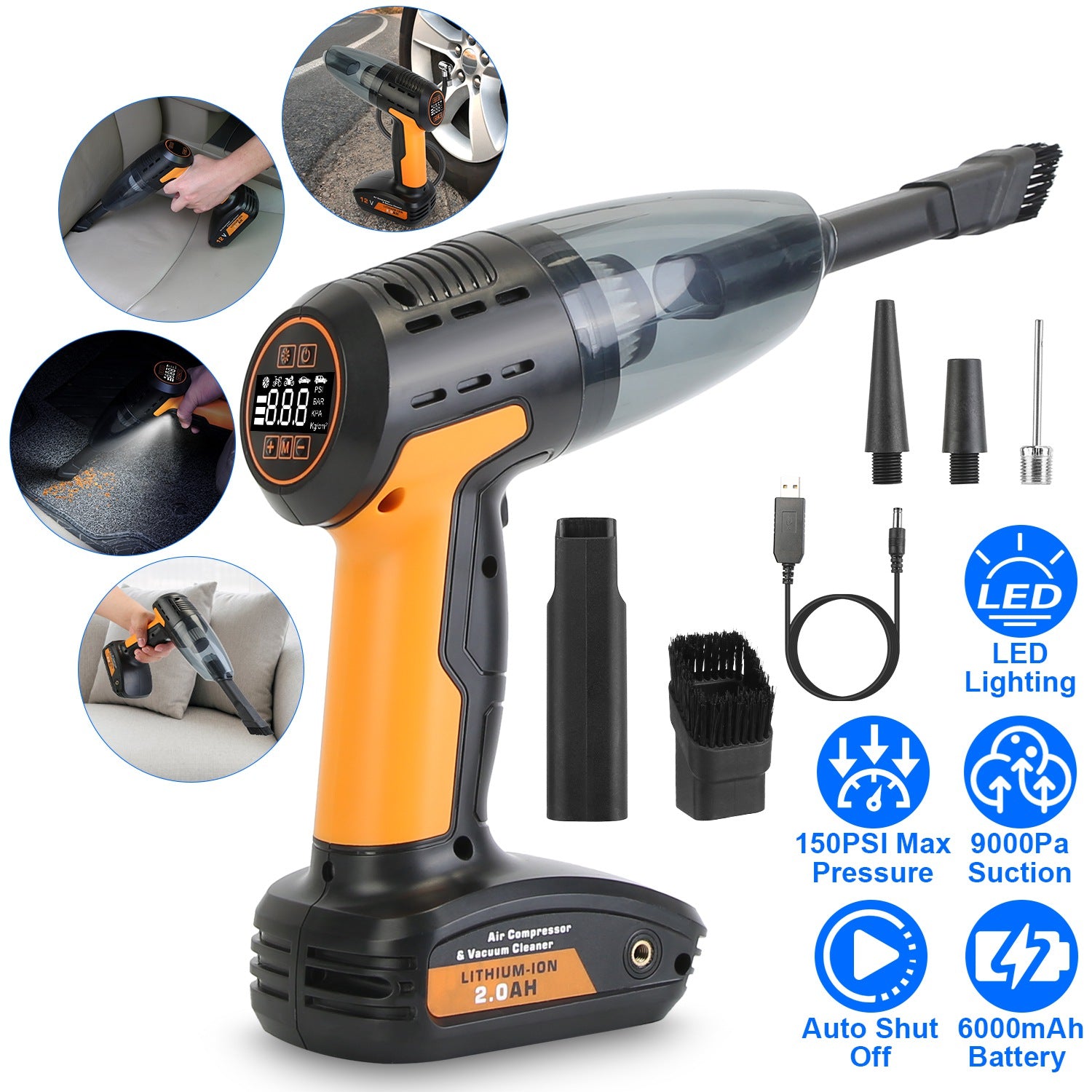 1Pc 4 In 1 Cordless Car Vacuum Cleaner And Tire Inflator With LED Light Digital Display Tire Pressure Gauge 150PSI Rechargeable Air Compressor Pump Essential Car Accessories - 5 - CJ