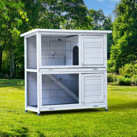 Rabbit Hutch Outdoor, 2 - Story Rabbit Cage Indoor With Run, Bunny Cage With 2 Removable No - Leak Trays, Pet Cages With Non - Slip Ramp, Waterproof Roof, Fence, For Small Animals - 5 - CJ