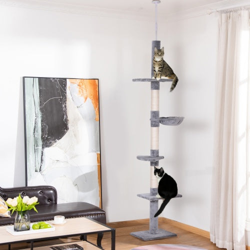 PawHut 9' Adjustable Height Floor - To - Ceiling Vertical Cat Tree - Grey And White - 5 - cjdroshippping