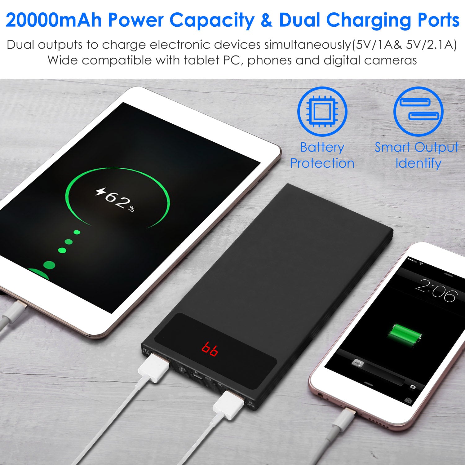 1Pc 20000mAh Power Bank Ultra - thin Phone Charger Dual USB Port Flashlight Battery Remain Display - 5 - CJ