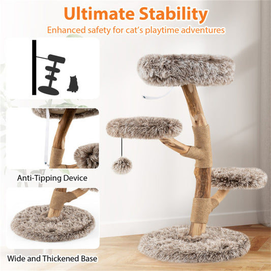 Multi - level Natural Pear Wood Cat Tree, Sisal Scratching Posts, Plush Balls, Long Plush Fabric - 5 - cjdroshippping