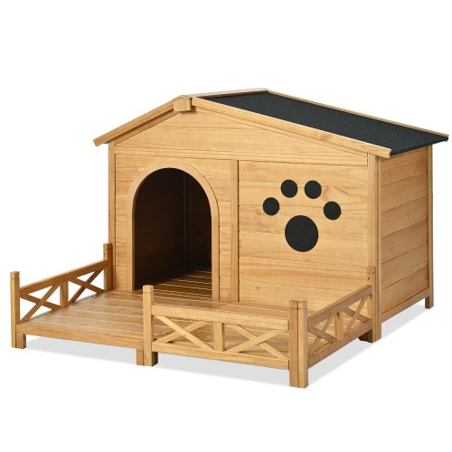 48 Wooden Dog House Outdoor With Porch, Dog Kennel With Water - Resistant Asphalt Roof And Fencing,Indoor & Outdoor Dog Crate With Paw Print, Medium, Nature - 5 - CJ