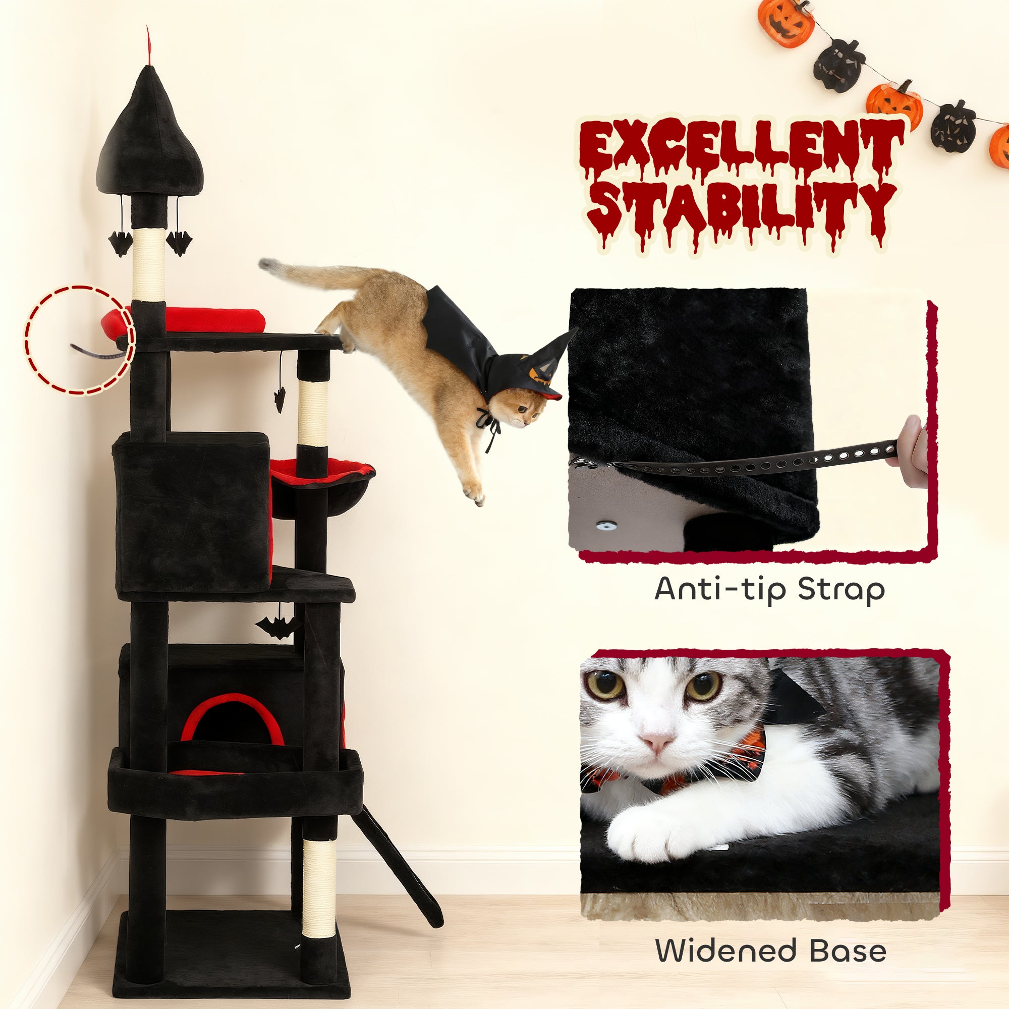 78" Gothic Cat Tree, Cat Tower with Coffin Bed, 2 Spacious Condos, Sisal Scratching Posts, Bat Hanging Balls, Halloween - 5 - CJ