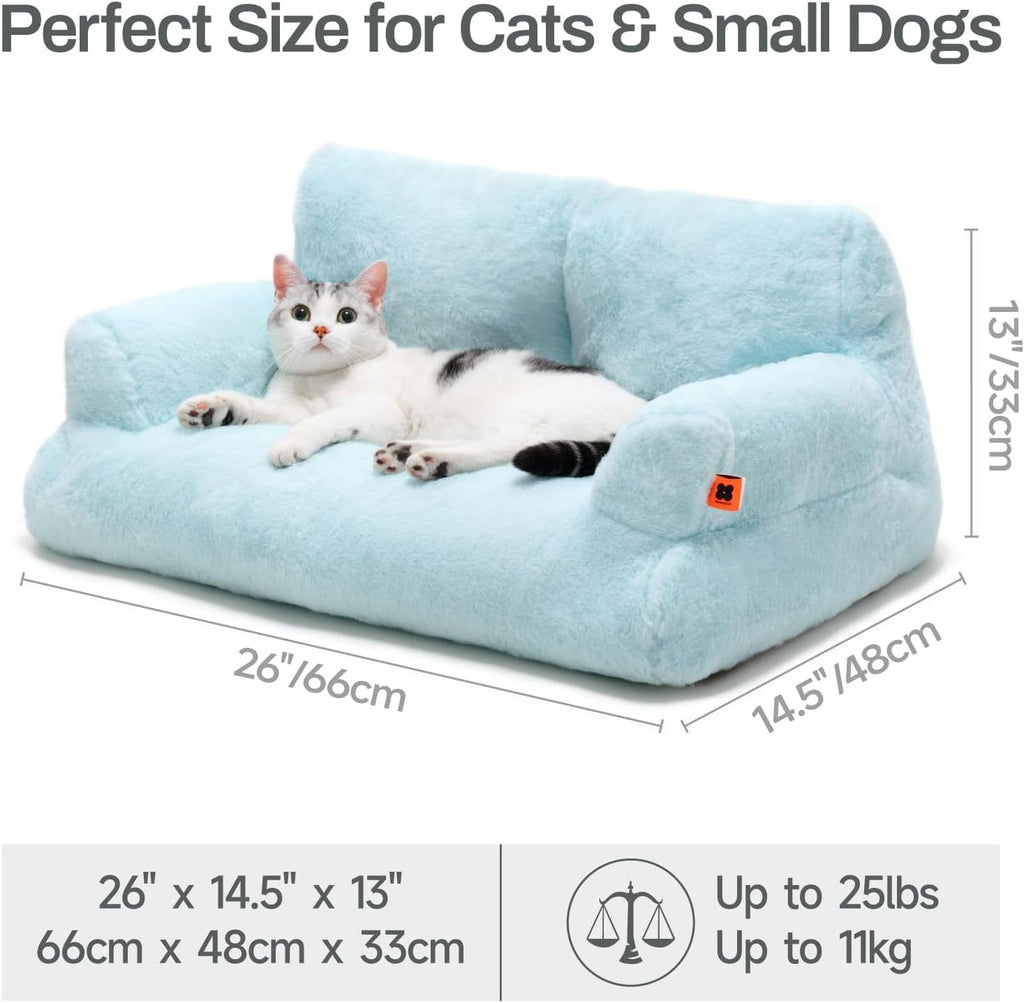 MEWOOFUN Plush Cat Bed For Indoor Cats - Washable 26x19x13 Inch Pet Couch With Non-Slip Bottom, Fluffy Small Dog Bed For Puppies & Kittens, Blue