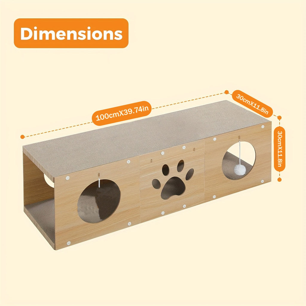 MUlti-Hole Fun Cat Tunnel With Scratching Board And Game Pom Pom Cat Tunnel House, Interactive Cat Scratching House, Self-improvement Drilling Hole Teaser, Must-have For Multi-Cat Families