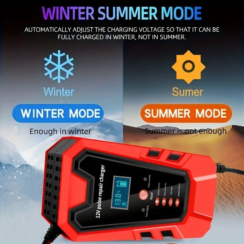 Smart 12V Car Battery Charger And Motorcycle Battery Maintainer, Easy To Operate, Full Power Self-stop, LCD Display, Battery Temperature Compensation, Without Battery
