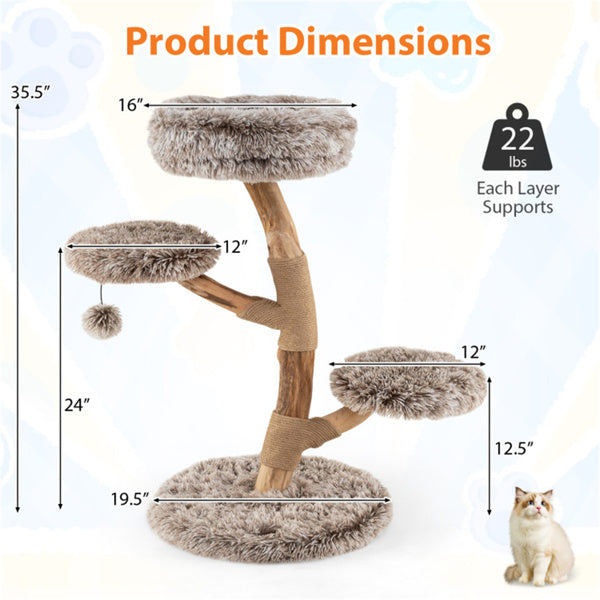 Multi - level Natural Pear Wood Cat Tree, Sisal Scratching Posts, Plush Balls, Long Plush Fabric - 5 - cjdroshippping