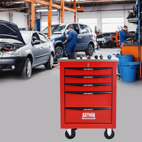 5 Drawers Multifunctional Tool Cart With Wheels,Metal Rolling Tool Cart Storage For Garage Workshop Warehouse Repair Shop - With Stainless Steel Roof - Red  Black - 5 - CJ